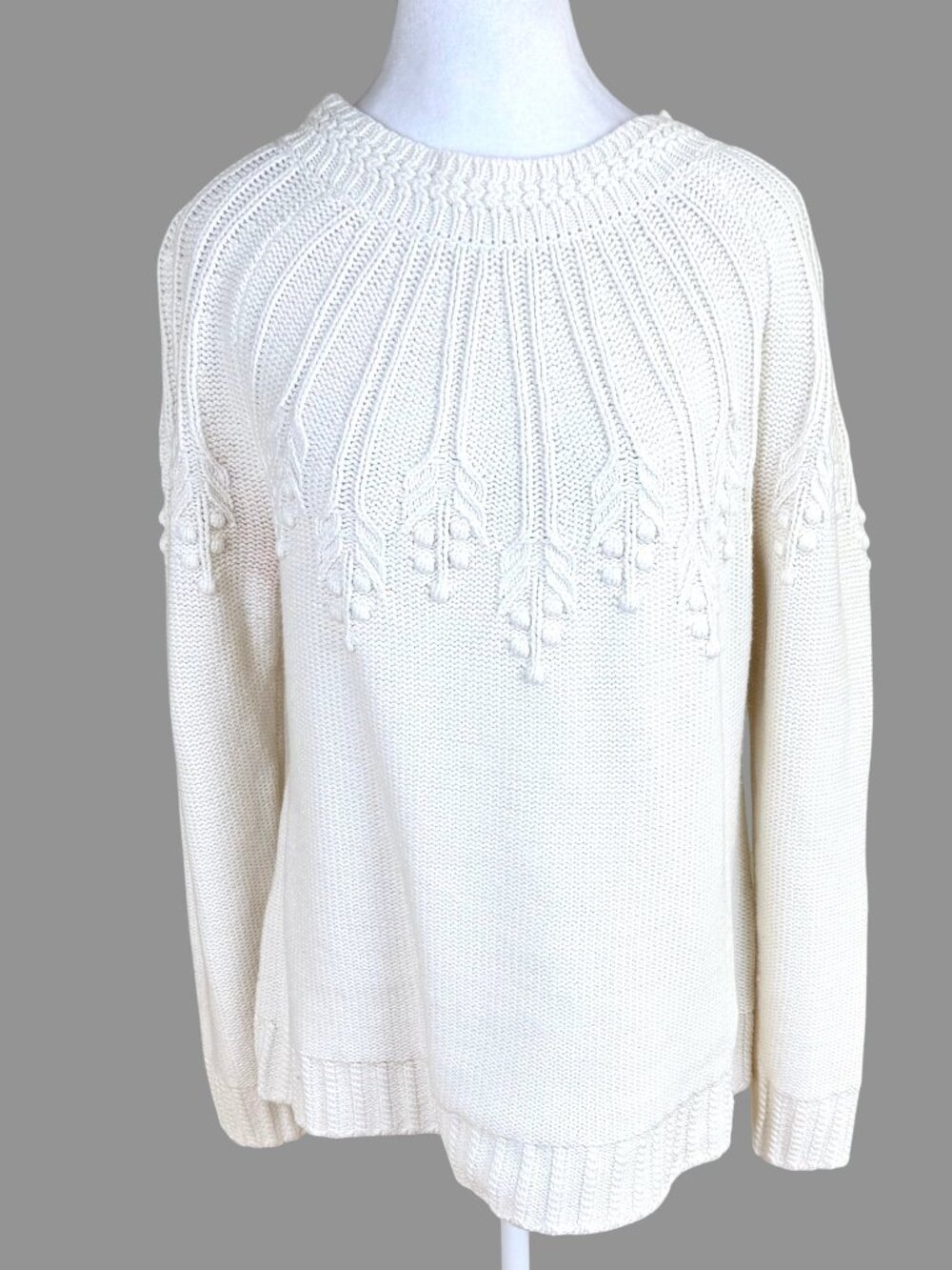 Talbots Sweater Textured Cable Knit Sweater Ivory Cotton Blend Crew Neck (L)